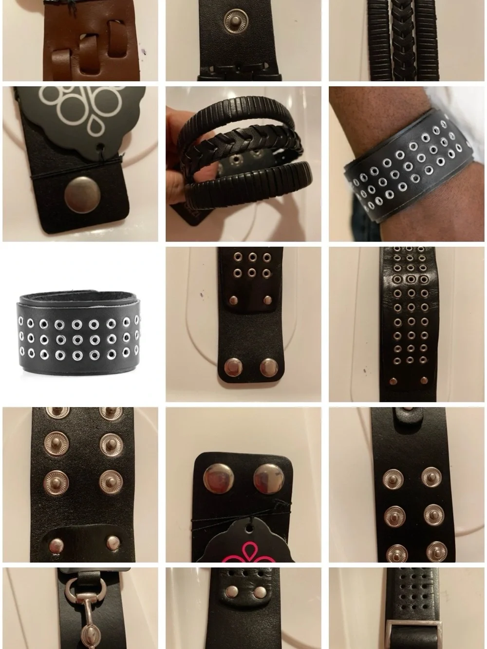 5 Bracelets Black, and Brown Leather Grommet Cuff Bracelets.